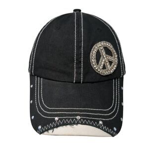 Marigold Caps Slideback Hat Black One Size Adjustable Rhinestone Distressed